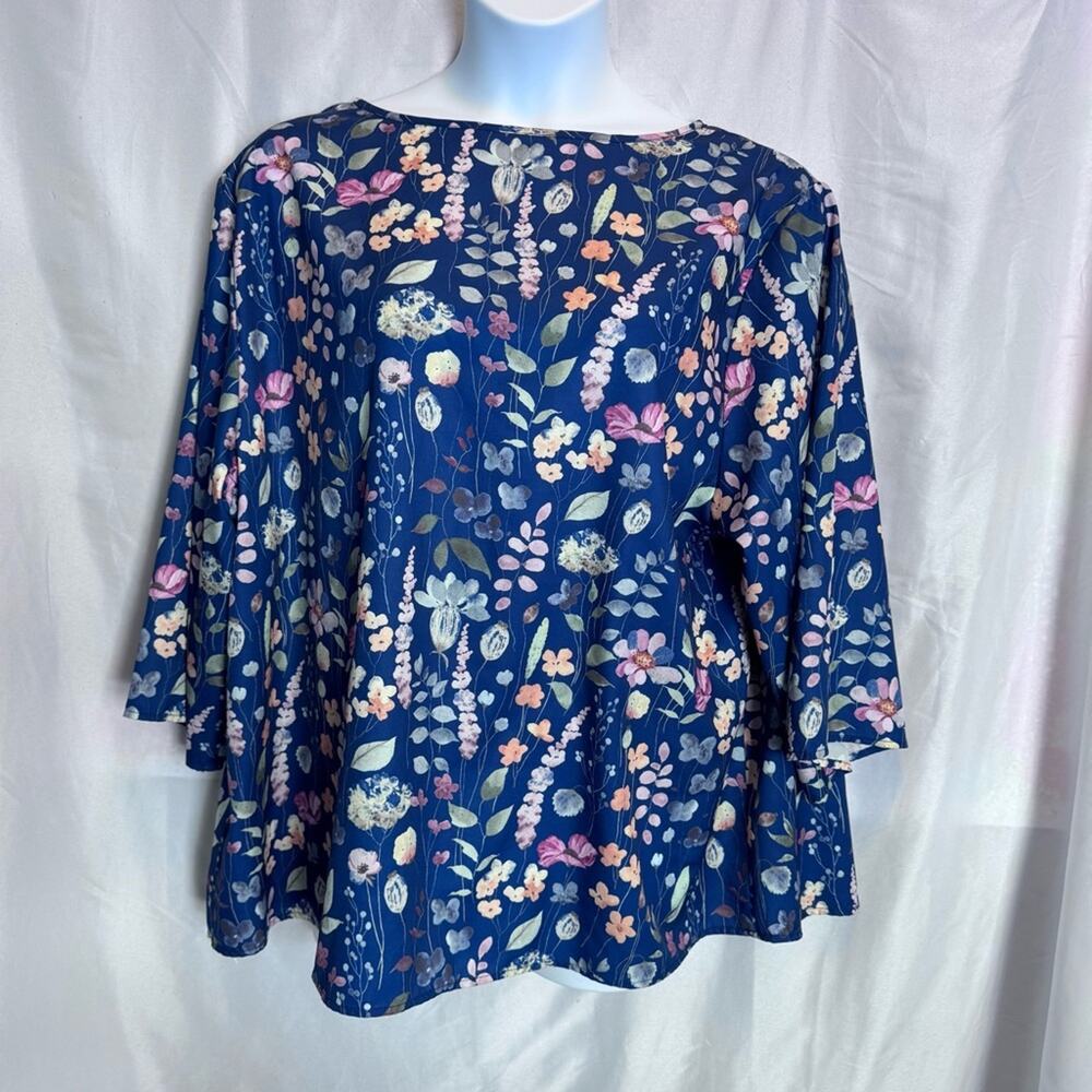 👚 Floral Boat Neck 3/4 Sleeve Blouse - Navy Blue Botanical Print Top - Size 22